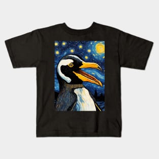 Cute Screaming Penguin Painting in a Van Gogh Starry Night Art Style Kids T-Shirt